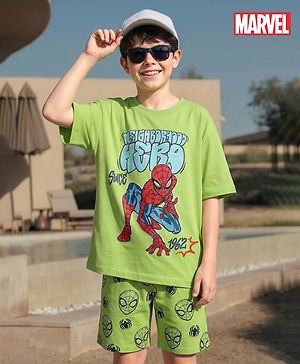 Pine Kids Marvel Single Jersey Knit Drop Shoulder Half Sleeves Oversized T-Shirt & Shorts Set With Spider-Man Graphics - Green