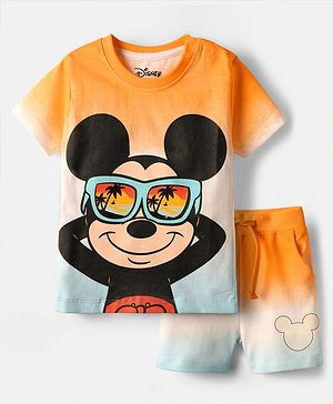 Babyhug Disney Single Jersey Knit Half Sleeves Ombre T-Shirt & Shorts With Mickey Mouse Graphics - Orange