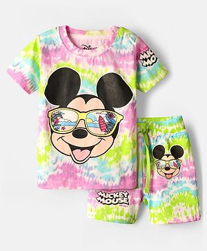 Babyhug Disney Single Jersey Knit Drop Shoulder Half Sleeves Co-ord Tie and Dye T-Shirt & Shorts With Mickey Mouse Graphics - Multicolor