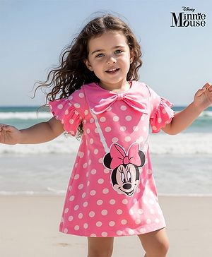 Babyhug Disney Single Jersey Knit Half Sleeves Dress with Minnie Mouse Applique and Graphics - Pink