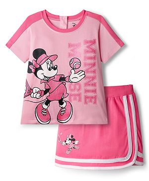Babyhug Disney Single Jersey Knit Half Sleeves Top & Skirt Set With Minnie Mouse Graphics - Pink