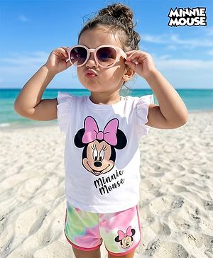 Babyhug Disney Single Jersey Knit Frill Sleeves T-Shirt & Shorts With Minnie Mouse Graphics - White & Pink