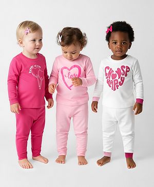 Bonfino 100% Cotton Knit Full Sleeves Night Suit with With Heart Print Pack of 3 - White Red & Pink