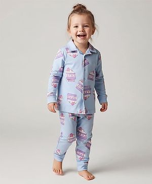 Bonfino 100% Cotton Full Sleeves Co-Ord Night Suit With Cake Slice Print - Blue