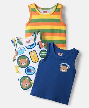 Babyhug 100% Cotton Sandos with Bear Print & Stripes Pack of 3 - Yellow Navy Blue & White