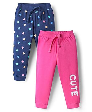 Babyhug Single Jersey Knit Full Length Lounge Pant With Polka Dots & Text Print Pack Of 2 - Pink & Navy Blue
