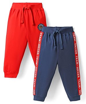 Babyhug Single Jersey Knit Full Length Lounge Pant With Tape Detailing Pack Of 2 - Red & Navy Blue