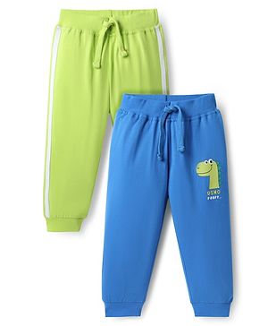 Babyhug Single Jersey Knit Lounge Pant Wit Dino Print & Tape Detailing Pack Of 2 - Blue & Light Green
