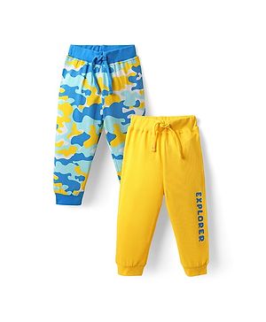 Babyhug Single Jersey Knit Full Length Text & Camouflage Printed Lounge Pants Pack of 2 - Yellow & Blue