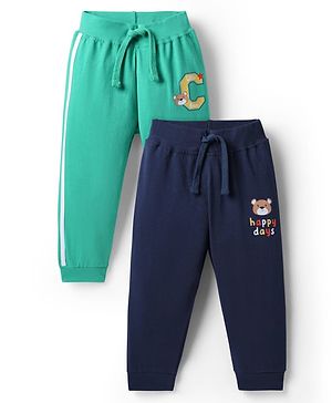 Babyhug Single Jersey Knit Full Length Lounge Pants With Animal Print Pack Of 2 - Navy Blue & Sea Green