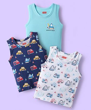 Babyhug 100% Cotton Knit Sleeveless Antibacterial Sando with Vehicle Print Pack of 3 - White Light Blue & Navy Blue