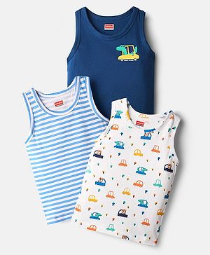 Babyhug 100% Cotton Single Jersey Knit Sleeveless Antibacterial Sando Vest with Stripe Design & Cars Print Pack of 3 - White Light Blue & Blue