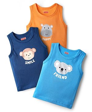 Babyhug 100% Cotton Knit Antibacterial Sleeveless Sandos with Animal Print Pack of 3 - Orange Navy & Light Blue