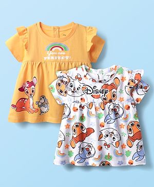 Babyhug Disney Single Jersey Knit Half Sleeves Frock Style T-Shirts with Bambi Graphics Pack of 2 - Yellow & White