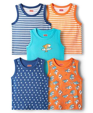 Babyhug 100% Cotton Knit Sleeveless Antibacterial Sando with Strips Stars & Shark Print Pack of 5 - Navy Blue & Orange