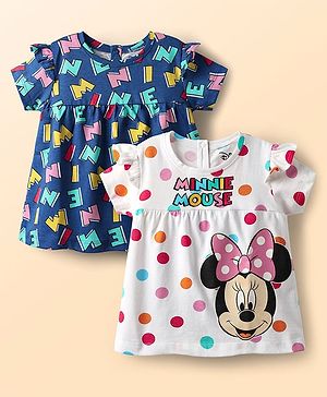 Babyhug Disney Single Jersey Knit Half Sleeves T-Shirts With Minnie Mouse Graphics Pack of 2 - White & Navy Blue