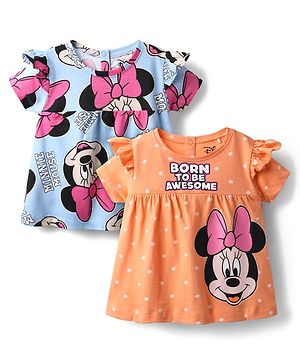 Babyhug Disney Single Jersey Knit Half Sleeves Frock Style T-Shirts with Minnie Mouse Graphics Pack of 2 - Light Blue & Orange