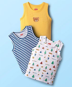 Babyhug 100% Cotton Knit Antibacterial Sleeveless Sando Vests with Stripe & Forest Print Pack of 3 - White Yellow & Blue