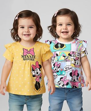 Babyhug Disney Single Jersey Knit Half Sleeves T-Shirts With Minnie Mouse Graphics Pack of 2 - Yellow & White