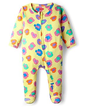 Babyhug Interlock Knit Full Sleeves Front Open Footed Sleepsuit With Abstract Print - Yellow