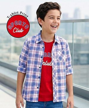 Pine Kids Cotton Woven Full Sleeves Checkerd Shirt with T-Shirt - Blue