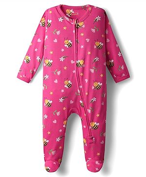 Babyhug Cotton Interlock Knit Full Sleeves Footed Sleep Suit with Honey Bee Floral & Heart Print - Pink