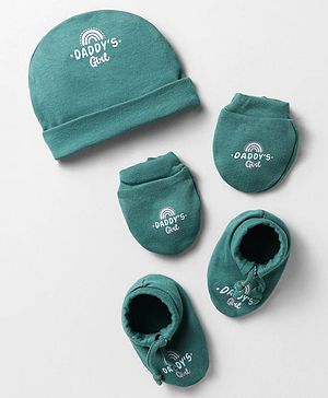 Simply Interlock Knit Cap Mittens And Booties Set With Dads Girl Text Print Teal Blue - Diameter 12.5 cm