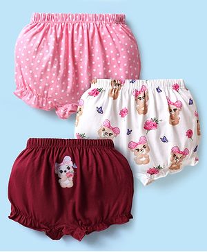 Babyhug 100% Knit Teddy Bear & Polka Dot Printed Bloomers Pack of 3 - White Pink & Maroon