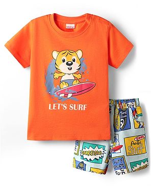 Babyhug Single Jersey Knit Half Sleeves T-Shirt & Shorts Set with Animal Print - Orange & Light Blue