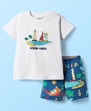 Babyhug Single Jersey Knit Half Sleeves T-Shirt & Shorts Set With Nautical Theme Print - White & Blue