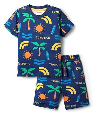 Babyhug Terry Knit Half Sleeves T-Shirt & Short Set With Tropical Theme Print - Navy Blue