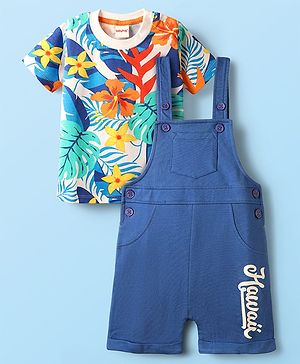 Babyhug Single Jersey Knit Dungaree & Half Sleeves T-Shirt With Floral & Leaf Print - Blue