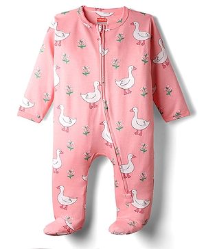Babyhug Interlock Knit Full Sleeves Front Open Footed Sleepsuit With Duck Print - Pink
