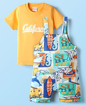 Babyhug Single Jersey Knit Dungaree & Half Sleeves T-Shirt With Beach Theme Print - Yellow & White