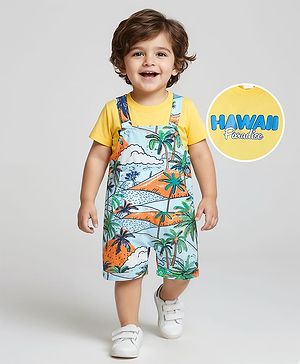Babyhug Cotton Knit Half Sleeves T-Shirt & Dungaree With Beach Theme Print - Yellow & Light Blue