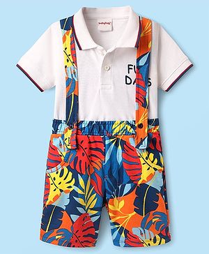 Babyhug Single Jersey Knit Half Sleeves Polo T-Shirt & Shorts Set With Leaf Print - White