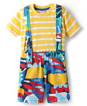 Babyhug Single Jersey Knit Half Sleeves Striped T-Shirt & Printed Shorts Set - Yellow
