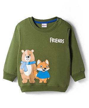 Babyhug Cotton Knit Full Sleeves Pullover Sweatshirt with Bear Graphic - Green