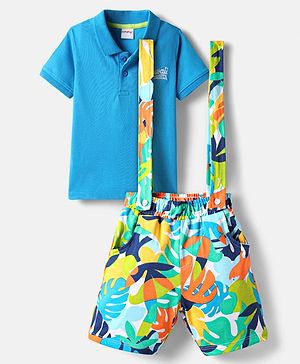 Babyhug Single Jersey Knit Half Sleeves Polo T-Shirt & Shorts Set With Leaf Print & Attached Suspender - Blue