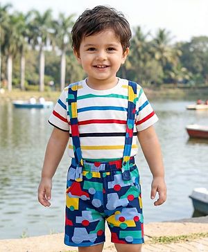 Babyhug Single Jersey Knit Half Sleeves T-Shirt & Shorts Set With Stripes & Vehicle Print - White & Navy Blue