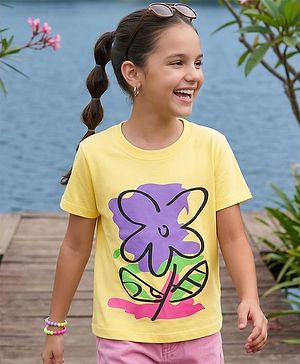 Pine Kids Cotton Knit Half Sleeves T-Shirt With Floral Print - Yellow
