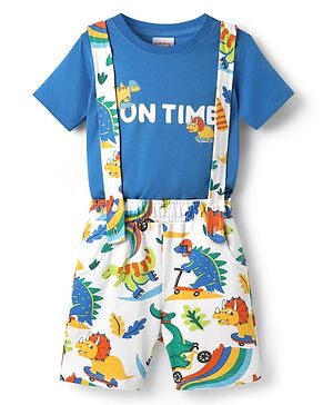 Babyhug Single Jersey Knit Half Sleeves T-Shirt & Shorts Set with Dino Print & Suspender - Blue & White