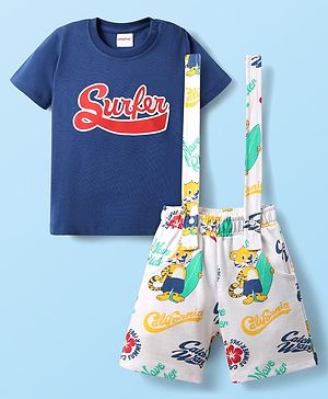 Babyhug Single Jersey Knit Half Sleeves T-Shirt & Shorts Set With Surfing Print & Attached Suspender - Blue & White
