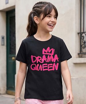 Pine Kids Cotton Knit Half Sleeves Oversized T-Shirts with Text Print - Black