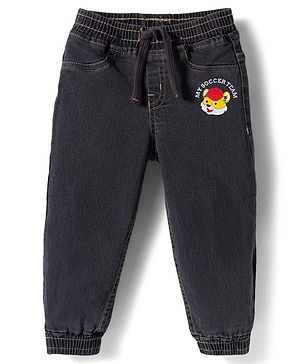 Babyhug Cotton Denim Full Length Washed Jeans with Stretch & My Soccer Team Text Print - Charcoal Grey