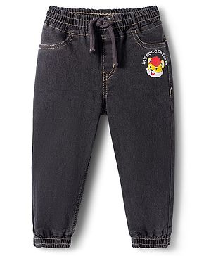 Babyhug Full Length Denim Joggers with Stretch & Tiger Print - Charcoal Grey