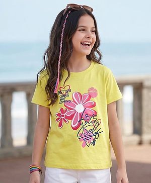 Pine Kids Cotton Knit Half Sleeves T-Shirt with Floral Print - Lemon