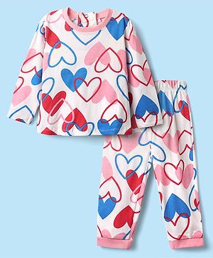Babyhug Cotton Knit Full Sleeves Co-ords Night Suit With Heart Print - Pink