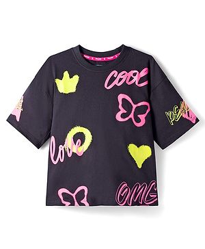 Pine Kids Cotton Knit Drop Shoulder Half Sleeves T-Shirt With Cool Text Print - Black