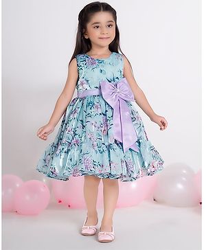 Ministitch Organza Woven Sleeveless Floral Printed Bow Applique Pleated Dress - Sea Green